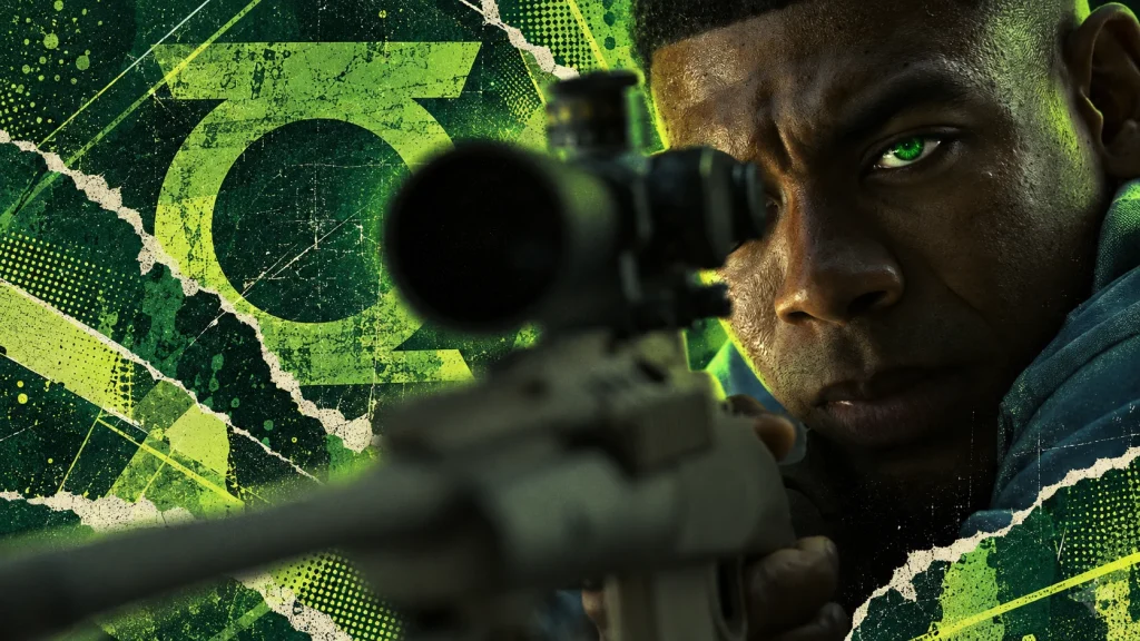 John Stewart aims a scoped rifle through a distressed green and chartreuse collage, his visible iris glowing emerald.