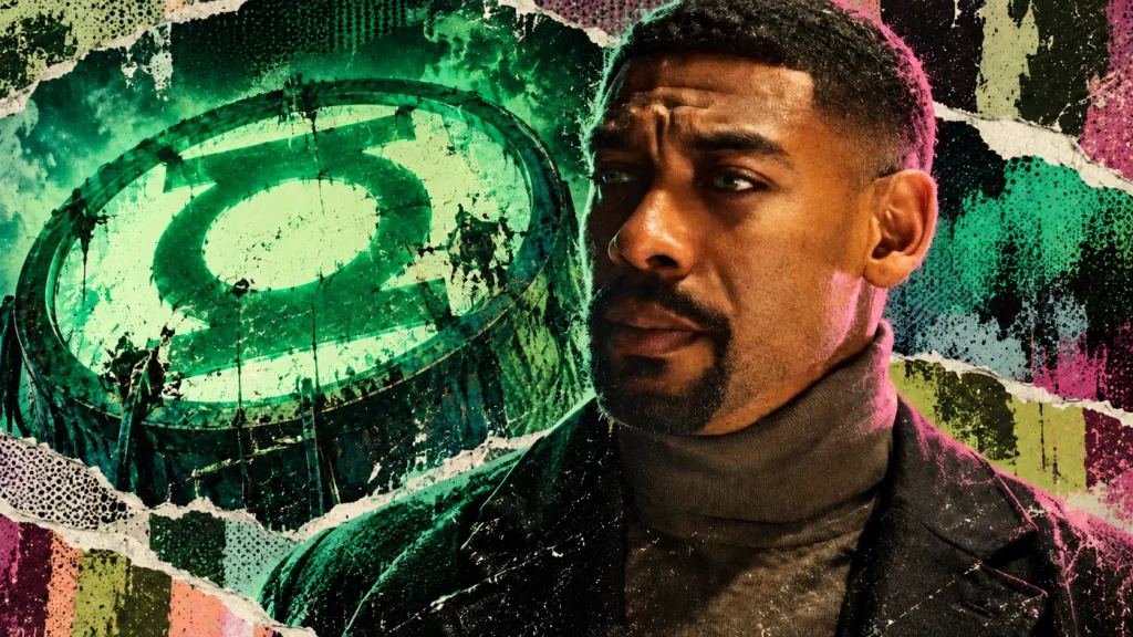 John Stewart with natural green eyes looks toward a distressed Green Lantern signal surrounded by green, teal, pink, ivory, and black torn-paper textures.