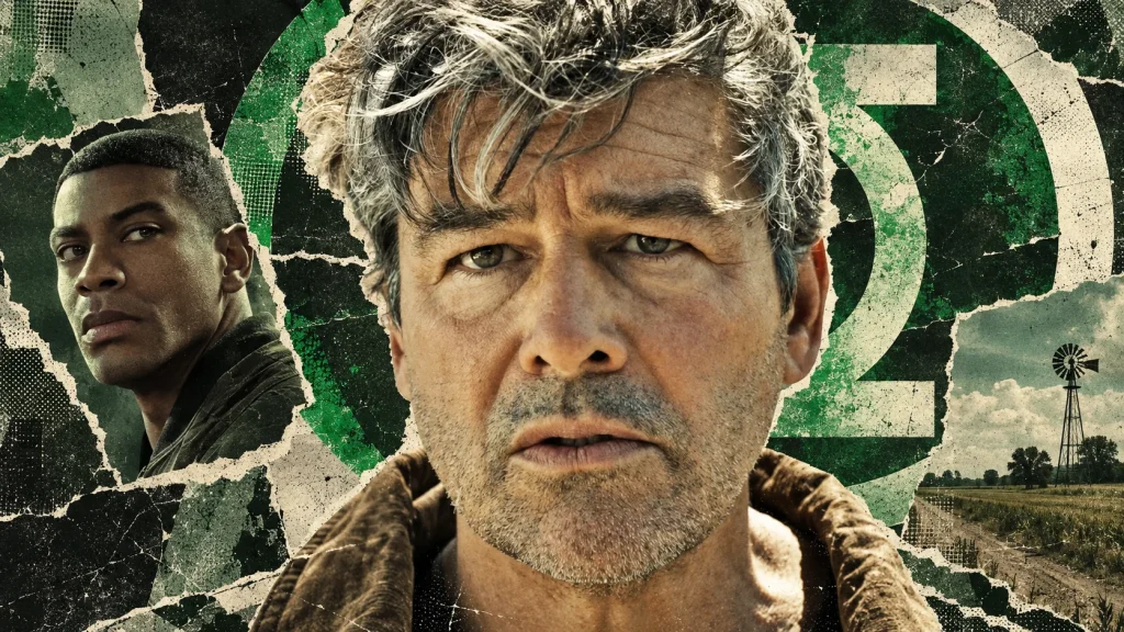 Hal Jordan centered before a distressed green Lantern symbol with John Stewart at left and rural fields behind them.