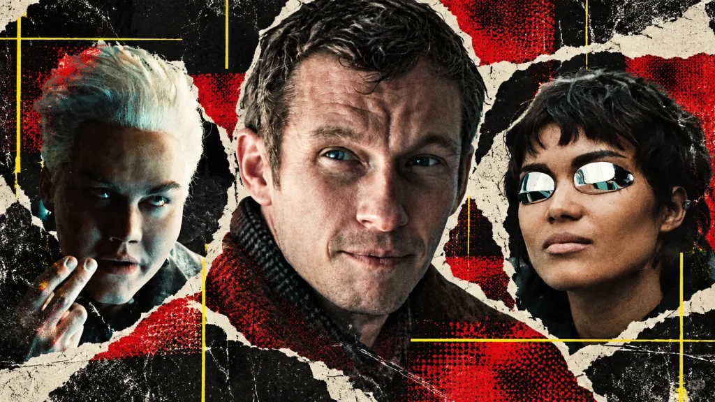 Three character faces form a torn-paper collage in black, off-white and red with mirrored eye implants and thin yellow lines.