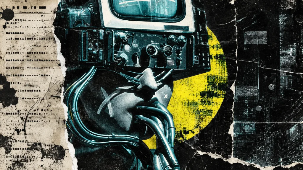 A wired figure reclines beneath a CRT terminal amid torn paper, black ink textures, cyan cables and a yellow circular accent.