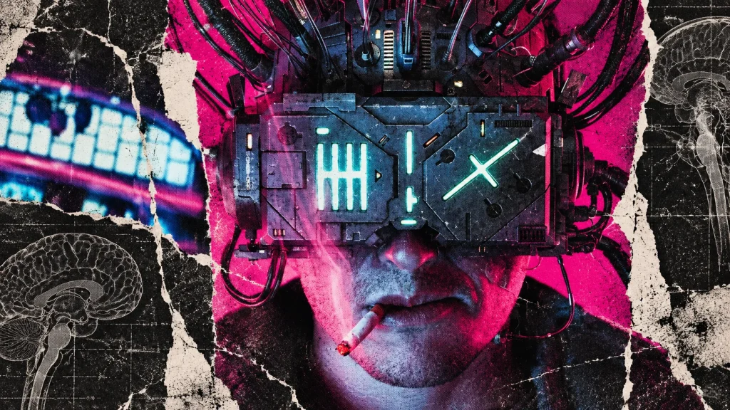 A close-up face in mechanical headgear and cables appears in a torn black-and-magenta collage with cyan-lit controls.